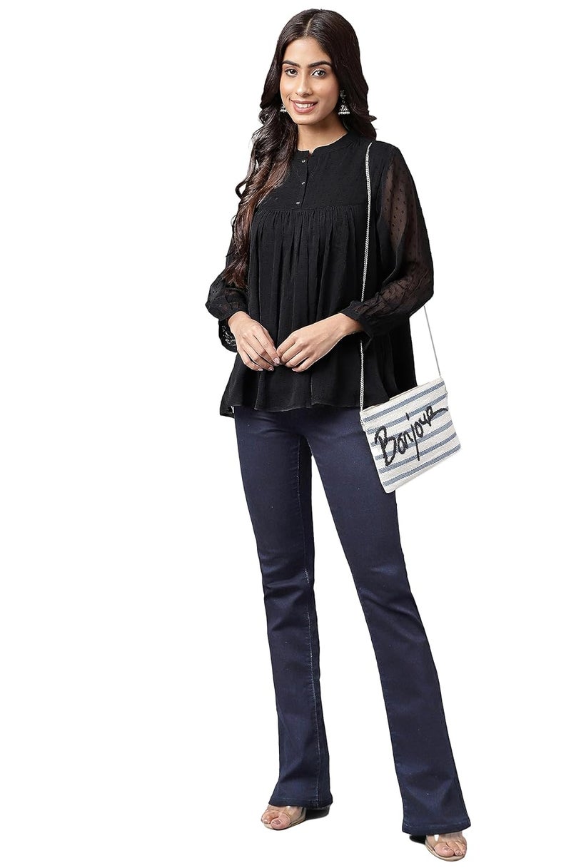 Janasya Women's Black Dobby Chiffon Solid Empire Top - Image 2